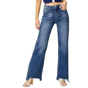 Risen High Rise Wide Leg Bite Frayed Hem Blue Jeans Women's Size 26
